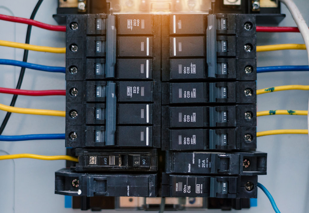 A close-up view of an electrical panel showing multiple circuit breakers with colored wires (red, yellow, blue, and white) connected to the various circuits in an organized electrical distribution setup.RetryClaude can make mistakes. Please double-check responses.